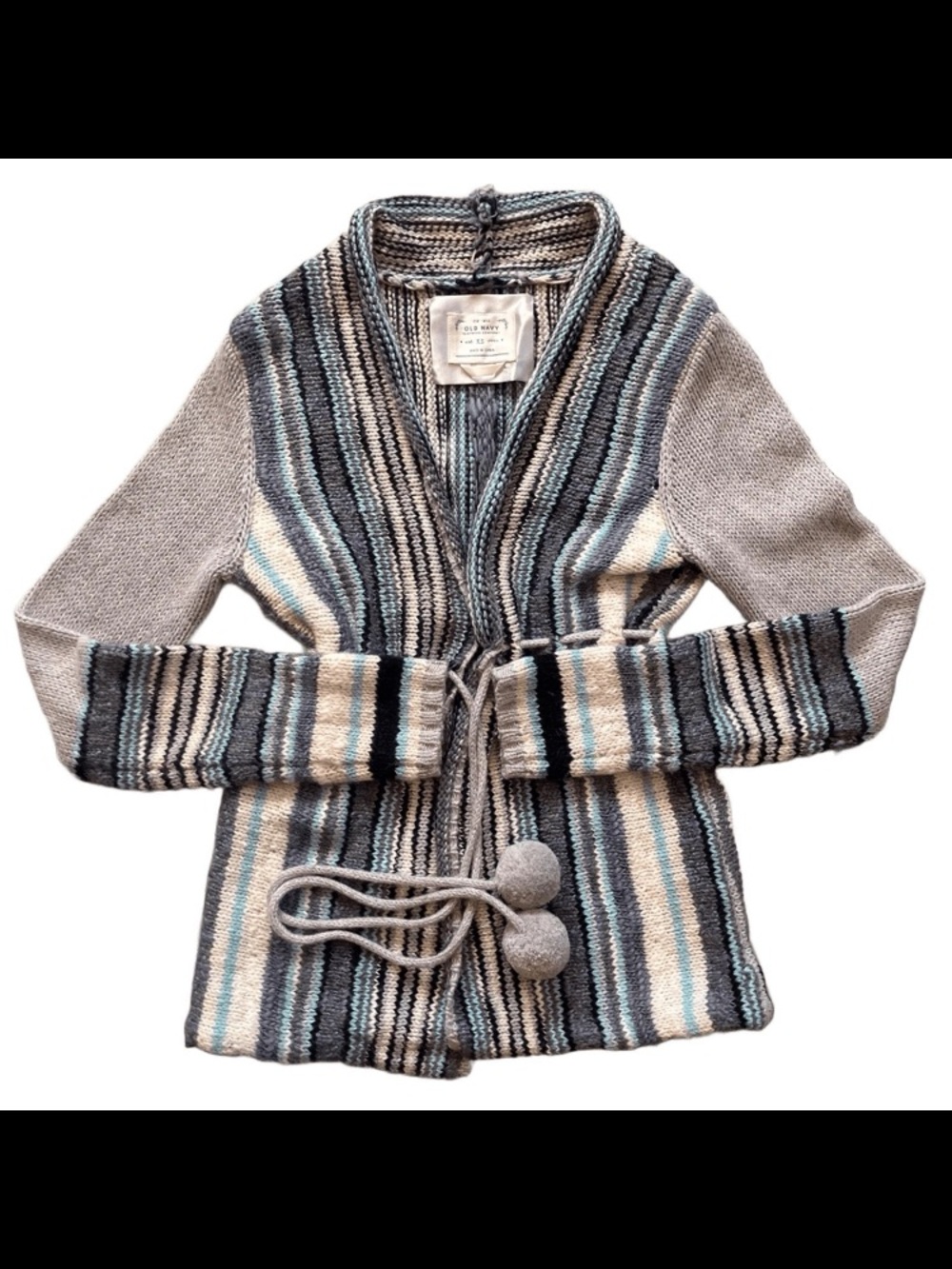 VTG 2007 Old Navy XS Y2K Boho Striped Cardigan Pom Pom Tie Sweater Lamb Blend